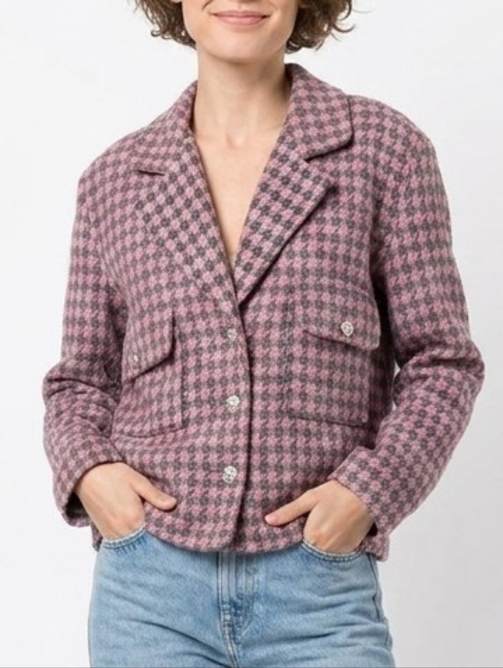 Vintage Jessica Pink & Grey Houndstooth Tweed Blazer Jacket